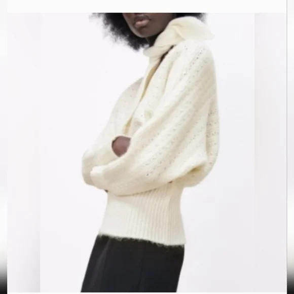 Zara Elegant Ecru Sweater with Scarf, Sz S - Picture 2 of 5